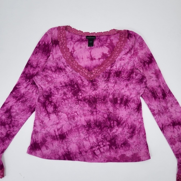 Y2K pink tie dye long sleeve top V-neck fairycore bell angel sleeves - Picture 10 of 14